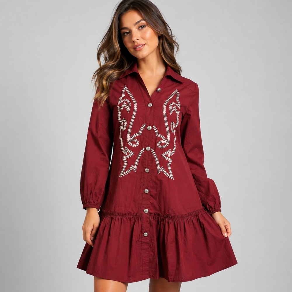 LUCKY & BLESSED Size Medium Burgundy Embroidered Western 'Saddle & Stitch' Dress